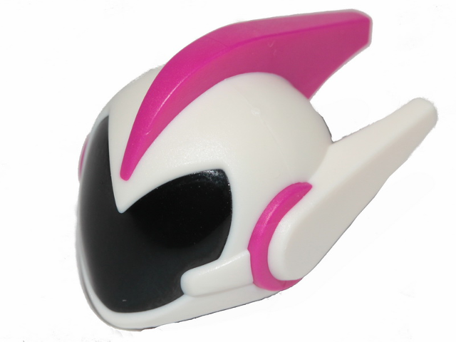 Display of LEGO part no. 34704pb01 Mini Doll, Headgear Helmet Alien with Two Side Spikes and Top Ridge, White with Black Visor Pattern  which is a Magenta Mini Doll, Headgear Helmet Alien with Two Side Spikes and Top Ridge, White with Black Visor Pattern 