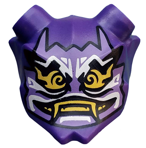 Display of LEGO part no. 35636pb01 Minifigure, Visor Mask Ninjago Oni with Mask of Hatred with Closed Mouth Pattern  which is a Dark Purple Minifigure, Visor Mask Ninjago Oni with Mask of Hatred with Closed Mouth Pattern 