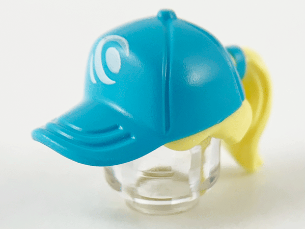 Display of LEGO part no. 35660pb07 Minifigure, Hair Combo, Hair with Hat, Ponytail with Medium Azure Ball Cap and White Wave Logo Pattern  which is a Bright Light Yellow Minifigure, Hair Combo, Hair with Hat, Ponytail with Medium Azure Ball Cap and White Wave Logo Pattern 