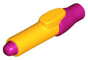 Display of LEGO part no. 35809pb02 which is a Bright Light Orange Minifigure, Utensil Pen with Molded Magenta Tip and Cap Pattern 