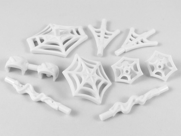 Display of LEGO part no. 36083 Minifigure, Weapon Pack Spider-Man Web Effects, 9 in Bag (Multipack)  which is a White Minifigure, Weapon Pack Spider-Man Web Effects, 9 in Bag (Multipack) 