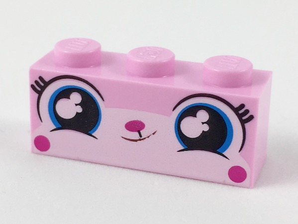 Display of LEGO part no. 3622pb101 Brick 1 x 3 with Cat Face Wide Eyes, Small Lopsided Grin Pattern  which is a Bright Pink Brick 1 x 3 with Cat Face Wide Eyes, Small Lopsided Grin Pattern 