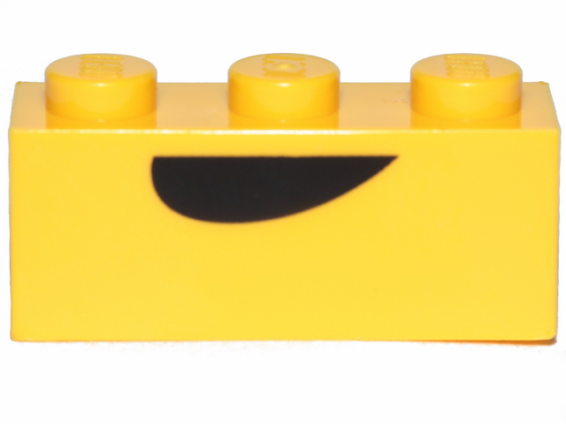 Display of LEGO part no. 3622pb102 Brick 1 x 3 with Black Curved Semicircle Pattern (Banarnar Mouth)  which is a Yellow Brick 1 x 3 with Black Curved Semicircle Pattern (Banarnar Mouth) 