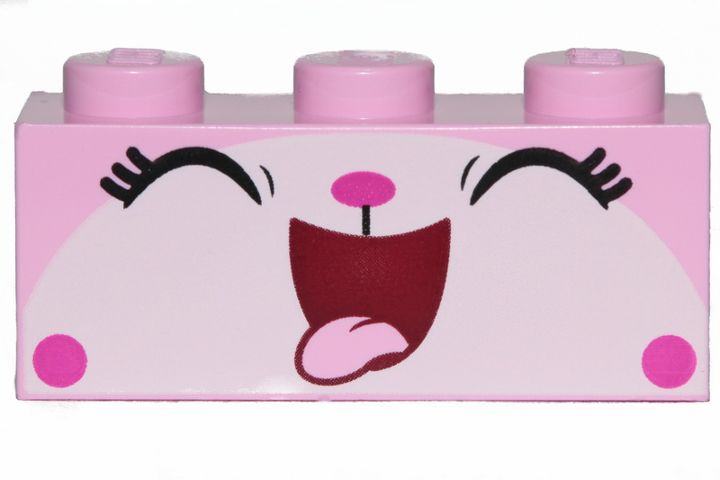 Display of LEGO part no. 3622pb103 Brick 1 x 3 with Kitty Cat Face Wide Open Mouth Smile with Tongue Out Pattern  which is a Bright Pink Brick 1 x 3 with Kitty Cat Face Wide Open Mouth Smile with Tongue Out Pattern 