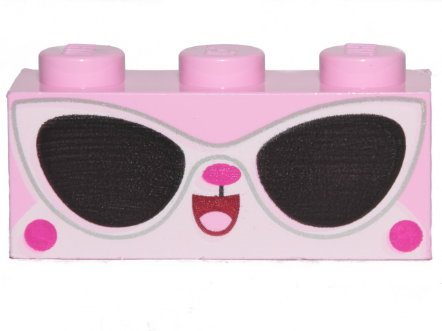 Display of LEGO part no. 3622pb104 Brick 1 x 3 with Cat Face and Sunglasses Pattern (Disco Kitty)  which is a Bright Pink Brick 1 x 3 with Cat Face and Sunglasses Pattern (Disco Kitty) 