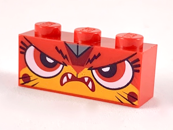Display of LEGO part no. 3622pb109 Brick 1 x 3 with Cat Face Fierce Pattern (Angry Warrior Kitty)  which is a Red Brick 1 x 3 with Cat Face Fierce Pattern (Angry Warrior Kitty) 
