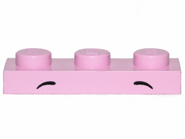 Display of LEGO part no. 3623pb019 Plate 1 x 3 with 2 Small Black Arcs, Middle and Rounded (Unikitty) Eyebrows Pattern  which is a Bright Pink Plate 1 x 3 with 2 Small Black Arcs, Middle and Rounded (Unikitty) Eyebrows Pattern 