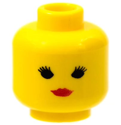 Display of LEGO part no. 3626bp02 Minifigure, Head Female with Red Lips, Eyelashes (Standard Woman Pattern), Blocked Open Stud  which is a Yellow Minifigure, Head Female with Red Lips, Eyelashes (Standard Woman Pattern), Blocked Open Stud 