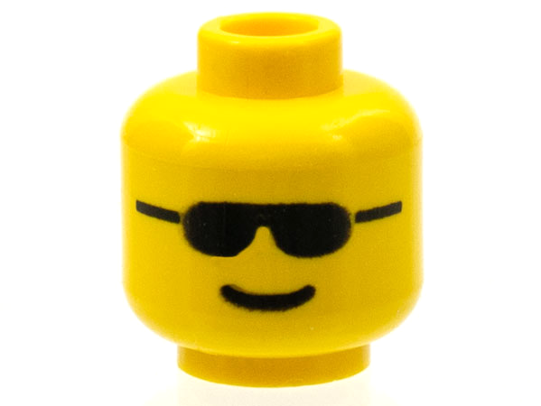 Display of LEGO part no. 3626bp04 Minifigure, Head Glasses with Black Sunglasses and Standard Grin Pattern, Blocked Open Stud  which is a Yellow Minifigure, Head Glasses with Black Sunglasses and Standard Grin Pattern, Blocked Open Stud 