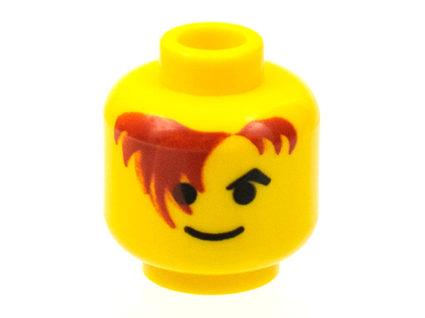 Display of LEGO part no. 3626bp7a Minifigure, Head Male Brown Hair over Eye and Black Eyebrows Pattern, Blocked Open Stud  which is a Yellow Minifigure, Head Male Brown Hair over Eye and Black Eyebrows Pattern, Blocked Open Stud 