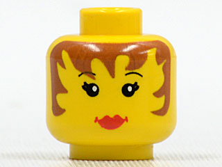 Display of LEGO part no. 3626bpa6 Minifigure, Head Female Brown Hair down Sides, Red Lips Pattern, Blocked Open Stud  which is a Yellow Minifigure, Head Female Brown Hair down Sides, Red Lips Pattern, Blocked Open Stud 