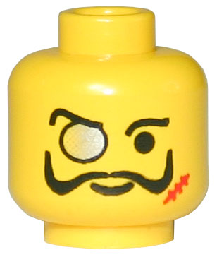 Display of LEGO part no. 3626bpa7 Minifigure, Head Glasses with Monocle, Scar, and Moustache Pattern, Blocked Open Stud  which is a Yellow Minifigure, Head Glasses with Monocle, Scar, and Moustache Pattern, Blocked Open Stud 