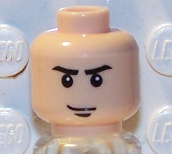 Display of LEGO part no. 3626bpb0035 Minifigure, Head Male Stern Eyebrows, White Pupils and Chin Dimple Pattern, Blocked Open Stud  which is a Light Nougat Minifigure, Head Male Stern Eyebrows, White Pupils and Chin Dimple Pattern, Blocked Open Stud 