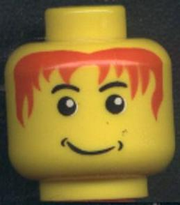 Display of LEGO part no. 3626bpb0050 Minifigure, Head Male Messy Red Hair, Smile, White Pupils Pattern, Blocked Open Stud  which is a Yellow Minifigure, Head Male Messy Red Hair, Smile, White Pupils Pattern, Blocked Open Stud 