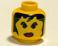 Display of LEGO part no. 3626bpb0109 Minifigure, Head Female with Red Lips Large, Green Eyebrows, and Long Hair Pattern, Blocked Open Stud  which is a Yellow Minifigure, Head Female with Red Lips Large, Green Eyebrows, and Long Hair Pattern, Blocked Open Stud 