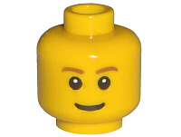 Display of LEGO part no. 3626bpb0121 Minifigure, Head Brown Eyebrows, Thin Grin, Black Eyes with White Pupils Pattern, Blocked Open Stud  which is a Yellow Minifigure, Head Brown Eyebrows, Thin Grin, Black Eyes with White Pupils Pattern, Blocked Open Stud 