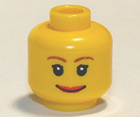 Display of LEGO part no. 3626bpb0205 Minifigure, Head Female with Brown Thin Eyebrows, White Pupils and Short Eyelashes, Wide Smile with Red Lips Pattern, Blocked Open Stud  which is a Yellow Minifigure, Head Female with Brown Thin Eyebrows, White Pupils and Short Eyelashes, Wide Smile with Red Lips Pattern, Blocked Open Stud 