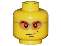 Display of LEGO part no. 3626bpb0212 Minifigure, Head Glasses with Orange Sunglasses and Smirk Pattern, Blocked Open Stud  which is a Yellow Minifigure, Head Glasses with Orange Sunglasses and Smirk Pattern, Blocked Open Stud 