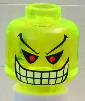 Display of LEGO part no. 3626bpb0243 Minifigure, Head Red Eyes, Eyebrows, White Teeth and Grin Pattern (The Joker's Bomb), Blocked Open Stud  which is a Trans-Neon Green Minifigure, Head Red Eyes, Eyebrows, White Teeth and Grin Pattern (The Joker's Bomb), Blocked Open Stud 