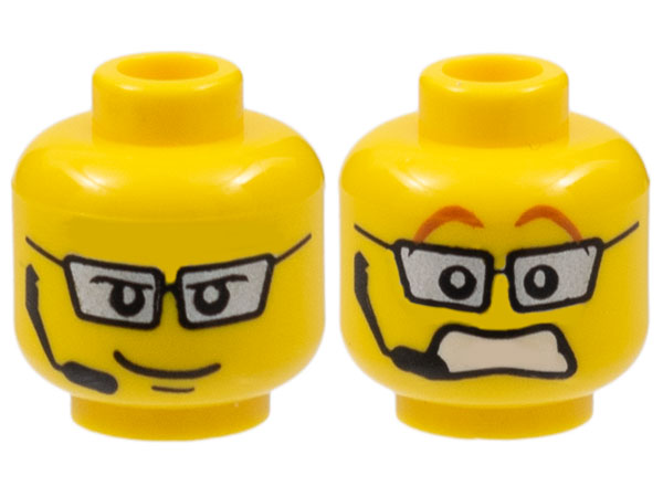 Display of LEGO part no. 3626bpb0303 Minifigure, Head Dual Sided Silver Glasses, Headset, Smile / Scared Pattern, Blocked Open Stud  which is a Yellow Minifigure, Head Dual Sided Silver Glasses, Headset, Smile / Scared Pattern, Blocked Open Stud 