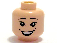 Display of LEGO part no. 3626bpb0352 which is a Light Nougat Minifigure, Head Male Large Grin and Dimples, Asian Eyes, White Pupils Pattern, Blocked Open Stud 