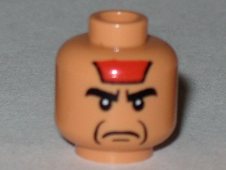 Display of LEGO part no. 3626bpb0378 which is a Nougat Minifigure, Head Male Angry Black Eyebrows, Red Paint on Forehead, Jowl Lines Pattern, Blocked Open Stud 