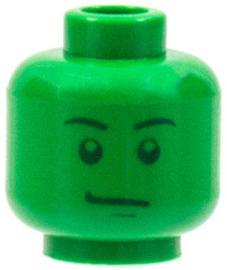 Display of LEGO part no. 3626bpb0403 Minifigure, Head Male Stern Black Eyebrows, Pupils and Chin Dimple Pattern, Blocked Open Stud  which is a Green Minifigure, Head Male Stern Black Eyebrows, Pupils and Chin Dimple Pattern, Blocked Open Stud 