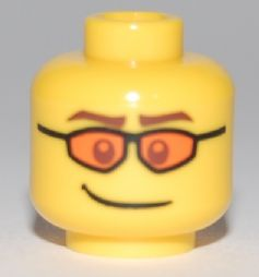 Display of LEGO part no. 3626bpb0469 Minifigure, Head Glasses with Orange Sunglasses, Brown Eyebrows and Crooked Smile Pattern, Blocked Open Stud  which is a Yellow Minifigure, Head Glasses with Orange Sunglasses, Brown Eyebrows and Crooked Smile Pattern, Blocked Open Stud 