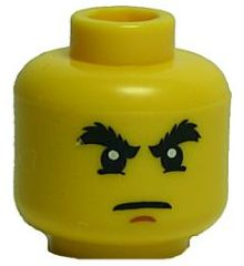 Display of LEGO part no. 3626bpb0532 Minifigure, Head Male Raised Bushy Eyebrows, White Pupils, Chin Dimple Pattern, Blocked Open Stud  which is a Yellow Minifigure, Head Male Raised Bushy Eyebrows, White Pupils, Chin Dimple Pattern, Blocked Open Stud 