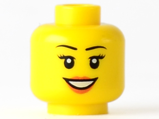 Display of LEGO part no. 3626bpb0633 Minifigure, Head Female Black Eyebrows, Peach Lips Open Smile Pattern, Blocked Open Stud  which is a Yellow Minifigure, Head Female Black Eyebrows, Peach Lips Open Smile Pattern, Blocked Open Stud 