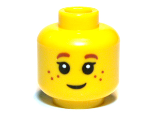 Display of LEGO part no. 3626bpb0690 Minifigure, Head Child Black Eyelashes, Brown Eyebrows, Freckles Pattern, Blocked Open Stud  which is a Yellow Minifigure, Head Child Black Eyelashes, Brown Eyebrows, Freckles Pattern, Blocked Open Stud 