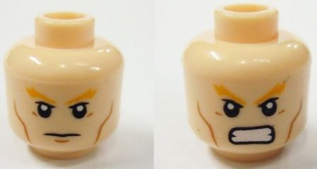 Display of LEGO part no. 3626bpb0873 Minifigure, Head Dual Sided Bushy Orange Eyebrows, Cheek Lines, Frown / Angry Pattern (Aquaman), Blocked Open Stud  which is a Light Nougat Minifigure, Head Dual Sided Bushy Orange Eyebrows, Cheek Lines, Frown / Angry Pattern (Aquaman), Blocked Open Stud 