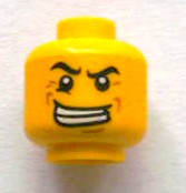 Display of LEGO part no. 3626bpb0921 Minifigure, Head Male Black Angry Eyebrows, Evil Grin with Teeth, Wrinkles Pattern, Blocked Open Stud  which is a Yellow Minifigure, Head Male Black Angry Eyebrows, Evil Grin with Teeth, Wrinkles Pattern, Blocked Open Stud 