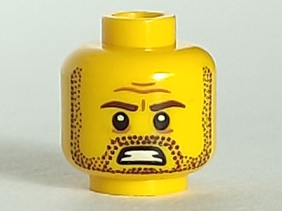 Display of LEGO part no. 3626bpb0925 Minifigure, Head Beard Stubble, Brown Eyebrows and Mouth with Teeth Pattern, Blocked Open Stud  which is a Yellow Minifigure, Head Beard Stubble, Brown Eyebrows and Mouth with Teeth Pattern, Blocked Open Stud 