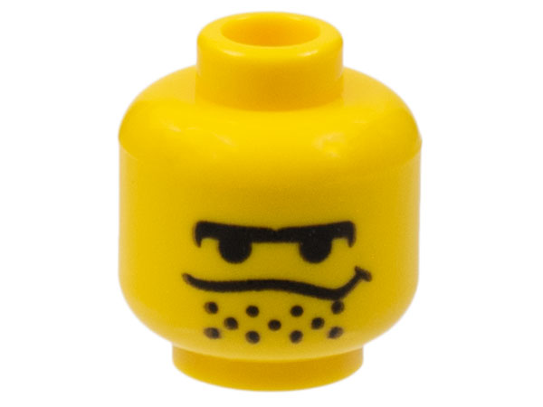 Display of LEGO part no. 3626bpx100 Minifigure, Head Male Black Unibrow, Stubble under Dipping Mouth Line Pattern, Blocked Open Stud  which is a Yellow Minifigure, Head Male Black Unibrow, Stubble under Dipping Mouth Line Pattern, Blocked Open Stud 