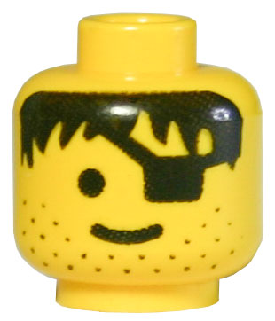 Display of LEGO part no. 3626bpx119 Minifigure, Head Male Eye Patch, Stubble, Black Hair Pattern, Blocked Open Stud  which is a Yellow Minifigure, Head Male Eye Patch, Stubble, Black Hair Pattern, Blocked Open Stud 