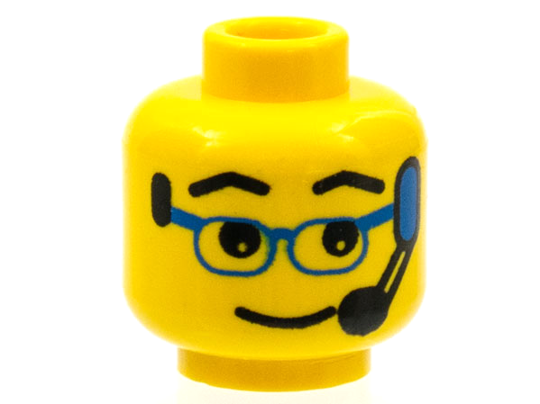 Display of LEGO part no. 3626bpx24 Minifigure, Head Glasses with Blue Glasses and Headset Pattern, Blocked Open Stud  which is a Yellow Minifigure, Head Glasses with Blue Glasses and Headset Pattern, Blocked Open Stud 