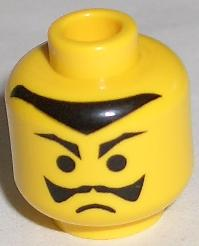 Display of LEGO part no. 3626bpx74 Minifigure, Head Moustache Frown and Pointed Eyebrows and Hairline Pattern, Blocked Open Stud  which is a Yellow Minifigure, Head Moustache Frown and Pointed Eyebrows and Hairline Pattern, Blocked Open Stud 