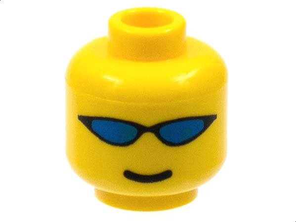 Display of LEGO part no. 3626bpx87 Minifigure, Head Glasses with Blue Wrap Sunglasses and Standard Smile Pattern, Blocked Open Stud  which is a Yellow Minifigure, Head Glasses with Blue Wrap Sunglasses and Standard Smile Pattern, Blocked Open Stud 