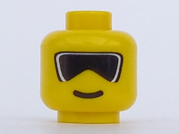 Display of LEGO part no. 3626bpx88 Minifigure, Head Glasses with Dark Ski Goggles Pattern, Blocked Open Stud  which is a Yellow Minifigure, Head Glasses with Dark Ski Goggles Pattern, Blocked Open Stud 