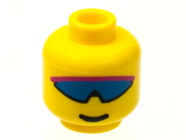 Display of LEGO part no. 3626bpx89 Minifigure, Head Glasses with Blue and Light Purple Wrap Sunglasses Pattern, Blocked Open Stud  which is a Yellow Minifigure, Head Glasses with Blue and Light Purple Wrap Sunglasses Pattern, Blocked Open Stud 