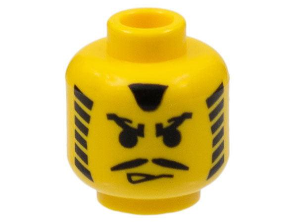 Display of LEGO part no. 3626bpx8 Minifigure, Head Moustache Angry Eyebrows and Striped Sideburns Pattern, Blocked Open Stud  which is a Yellow Minifigure, Head Moustache Angry Eyebrows and Striped Sideburns Pattern, Blocked Open Stud 