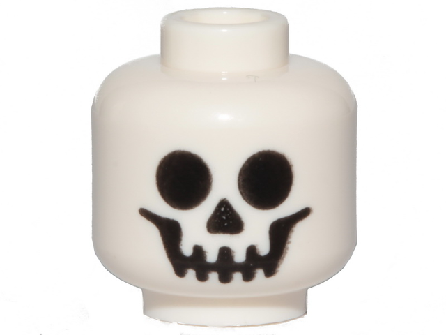 Display of LEGO part no. 3626cpb0001 Minifigure, Head Skull Standard Pattern, Hollow Stud  which is a White Minifigure, Head Skull Standard Pattern, Hollow Stud 
