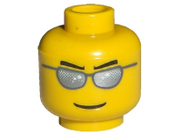 Display of LEGO part no. 3626cpb0193 Minifigure, Head Glasses with Silver Sunglasses, Black Eyebrows Pointed, Thin Grin Pattern, Hollow Stud  which is a Yellow Minifigure, Head Glasses with Silver Sunglasses, Black Eyebrows Pointed, Thin Grin Pattern, Hollow Stud 