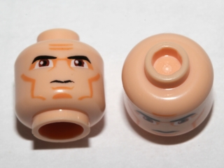 Display of LEGO part no. 3626cpb0314 which is a Light Nougat Minifigure, Head Black Thick Eyebrows, Large Reddish Brown Eyes, Nougat Cheek Lines and Chin, Furrowed Brow Pattern, Hollow Stud 