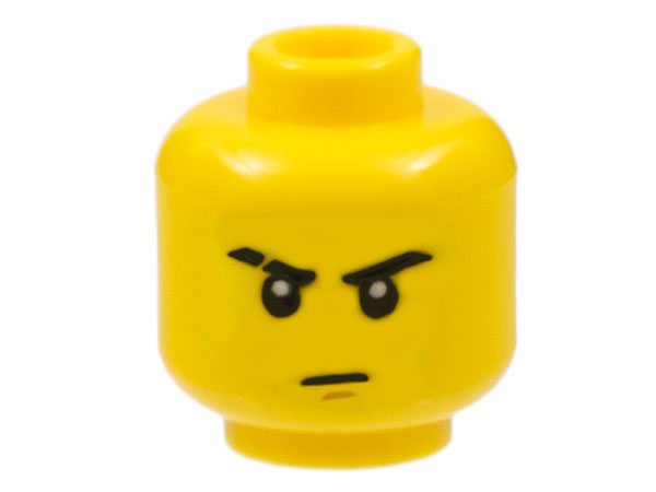 Display of LEGO part no. 3626cpb0524 which is a Yellow Minifigure, Head Male Stern Eyebrows (one Scarred), White Pupils, Brown Chin Dimple Pattern, Hollow Stud 