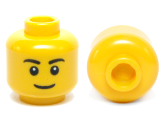 Display of LEGO part no. 3626cpb0628 which is a Yellow Minifigure, Head Black Eyebrows, Thin Grin, Black Eyes with White Pupils Pattern, Hollow Stud 