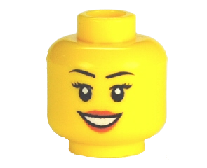 Display of LEGO part no. 3626cpb0633 which is a Yellow Minifigure, Head Female Black Eyebrows and Eyelashes, Medium Nougat Lips, and Open Mouth Smile with Teeth Pattern, Hollow Stud 