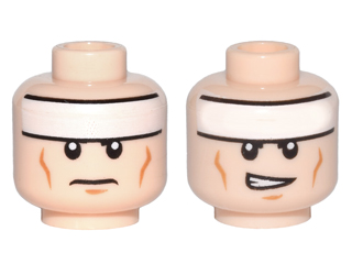 Display of LEGO part no. 3626cpb0637 Minifigure, Head Dual Sided White Headband and Cheek Lines, Frown / Determined Pattern (Batman), Hollow Stud  which is a Light Nougat Minifigure, Head Dual Sided White Headband and Cheek Lines, Frown / Determined Pattern (Batman), Hollow Stud 