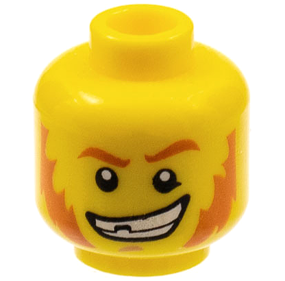 Display of LEGO part no. 3626cpb0640 Minifigure, Head Red Eyebrows and Sideburns, Broken Tooth, Determined Grin, Pupils Pattern, Hollow Stud  which is a Yellow Minifigure, Head Red Eyebrows and Sideburns, Broken Tooth, Determined Grin, Pupils Pattern, Hollow Stud 